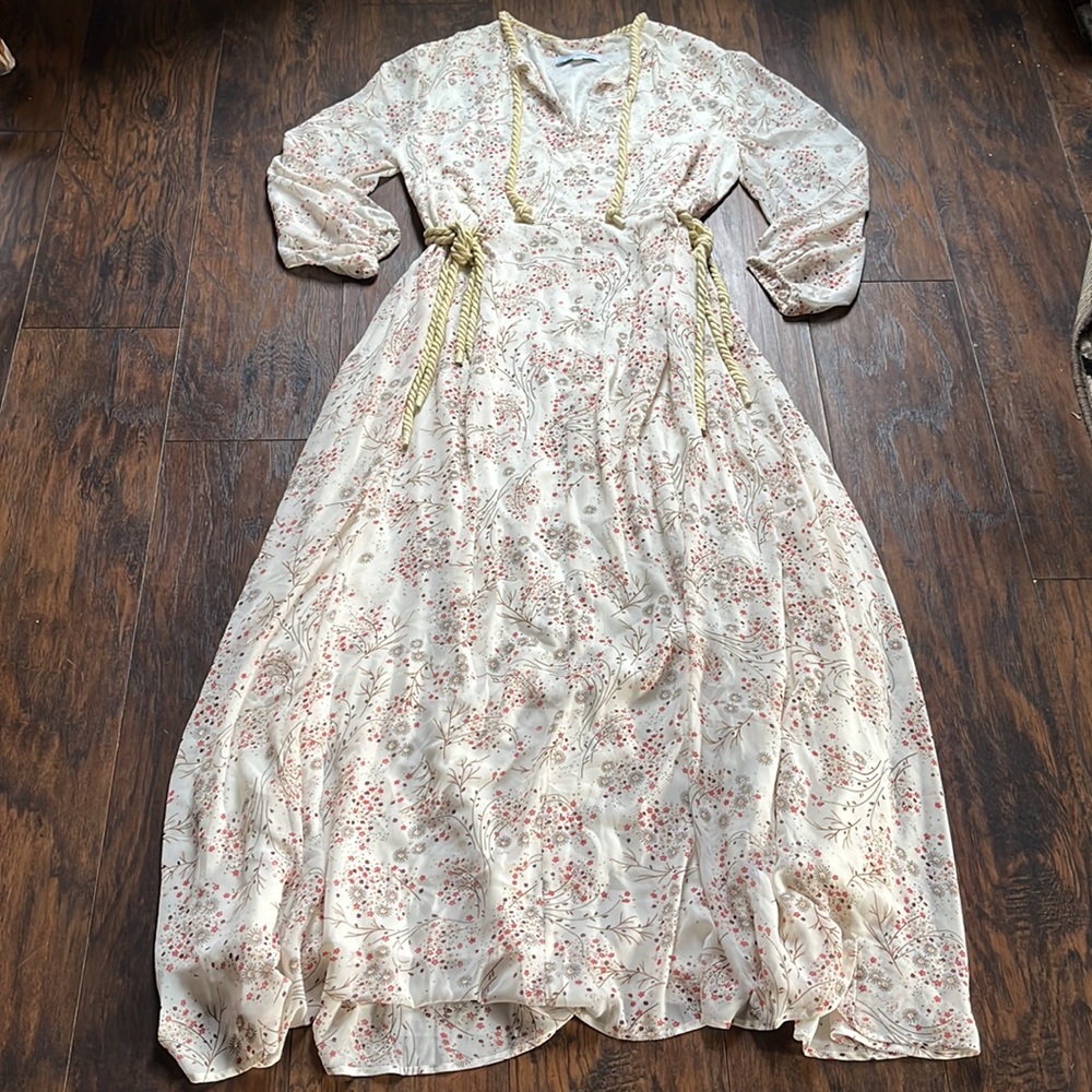 Island Tribe White Floral LongSleeved Maxi Dress with Robe Side Ties